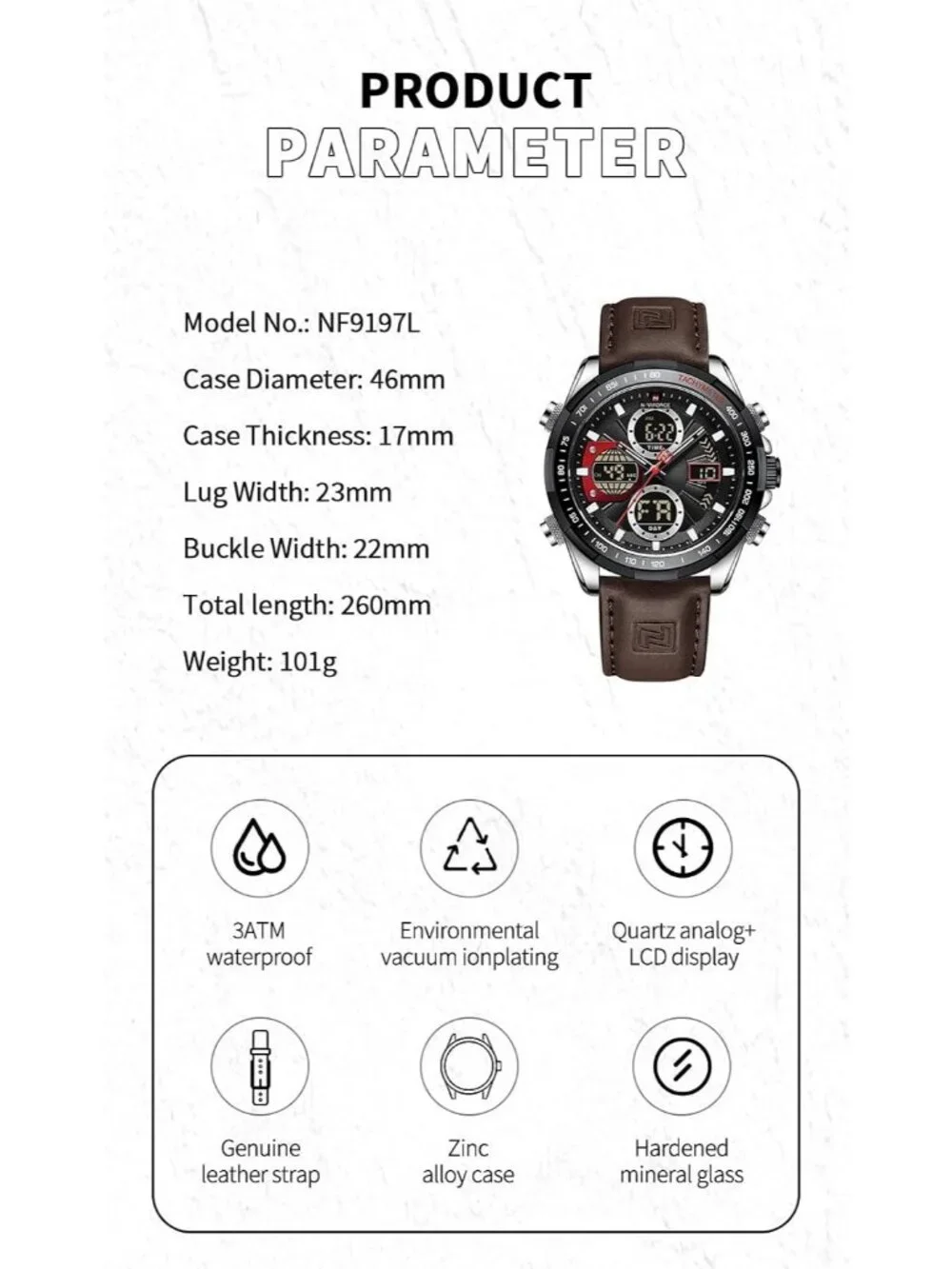 Men's Silver Black Military Digital Analog Quartz Waterproof Leather Wrist Watch